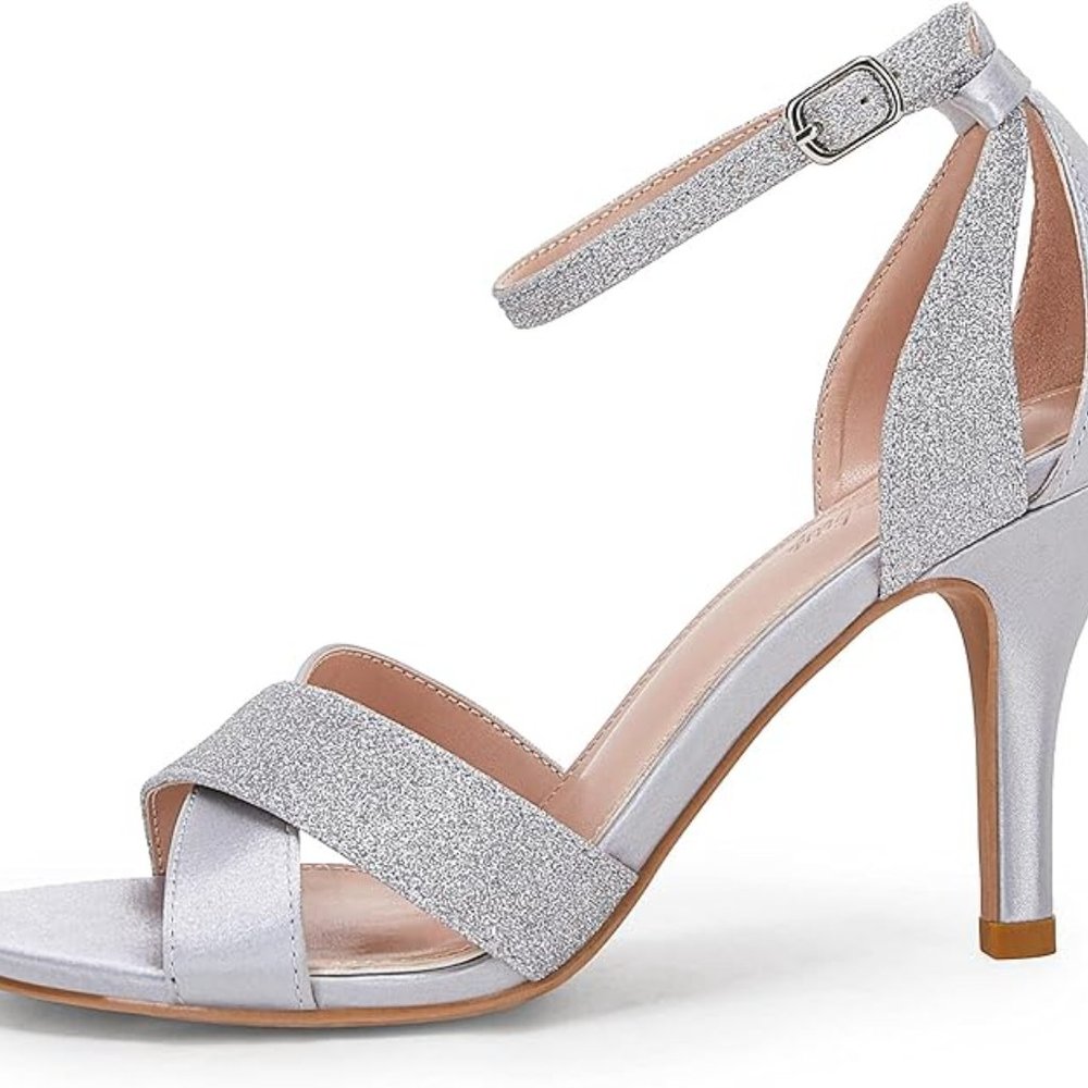 Womens Glitter Strap Ankle Buckle Cut Out Back Heels